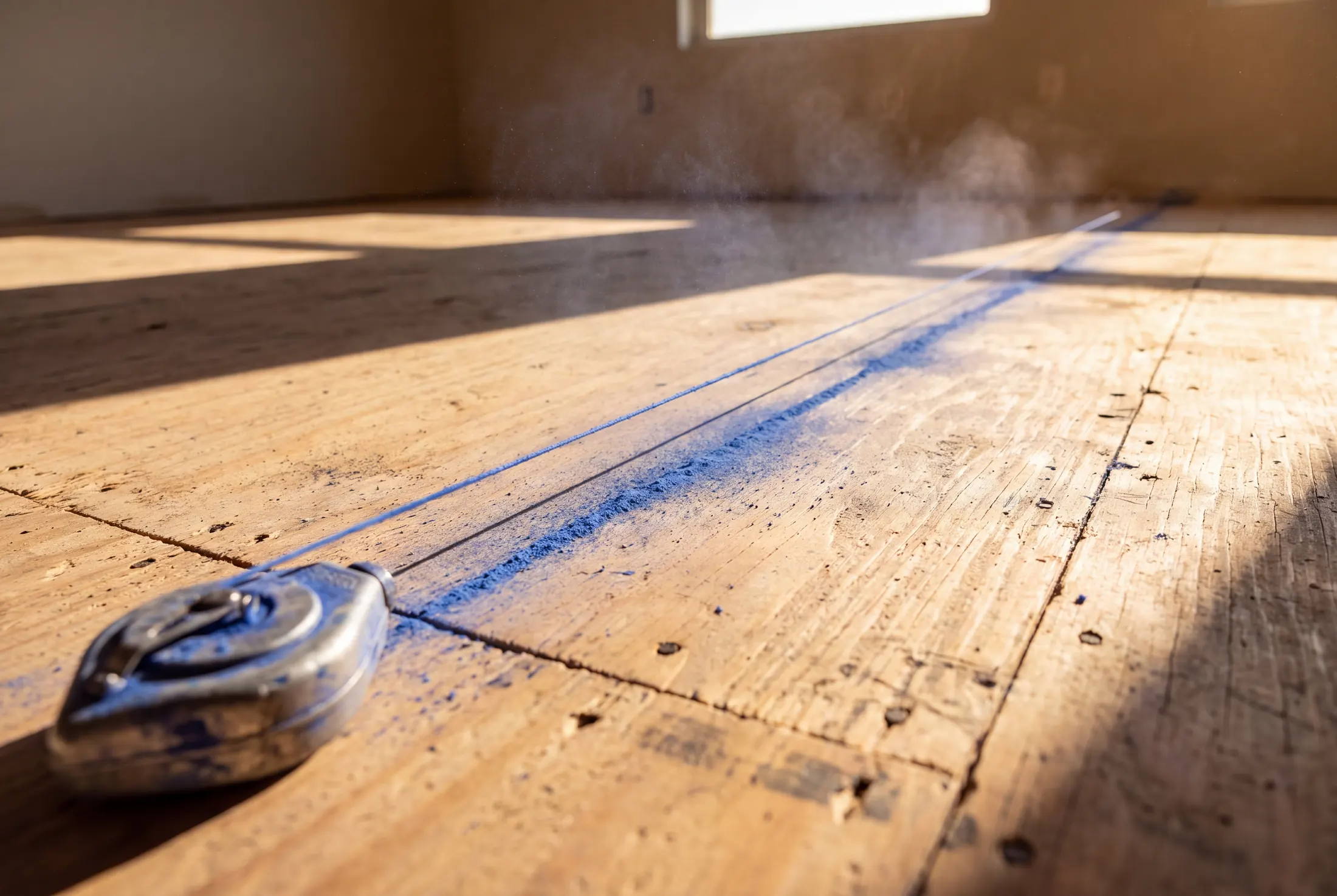 A blue chalk line snapped across a plywood subfloor, with the chalk reel resting beside it in low afternoon light.