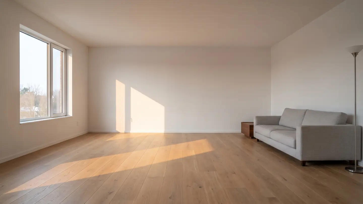 The same living room with a white oak floor, photographed from the same position in the same afternoon light.