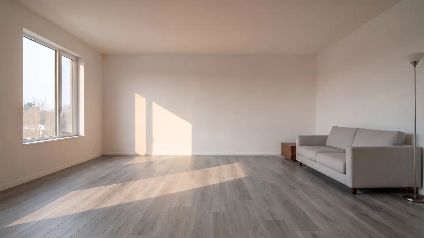 The same living room with a luxury vinyl floor, photographed from the same position in the same afternoon light.