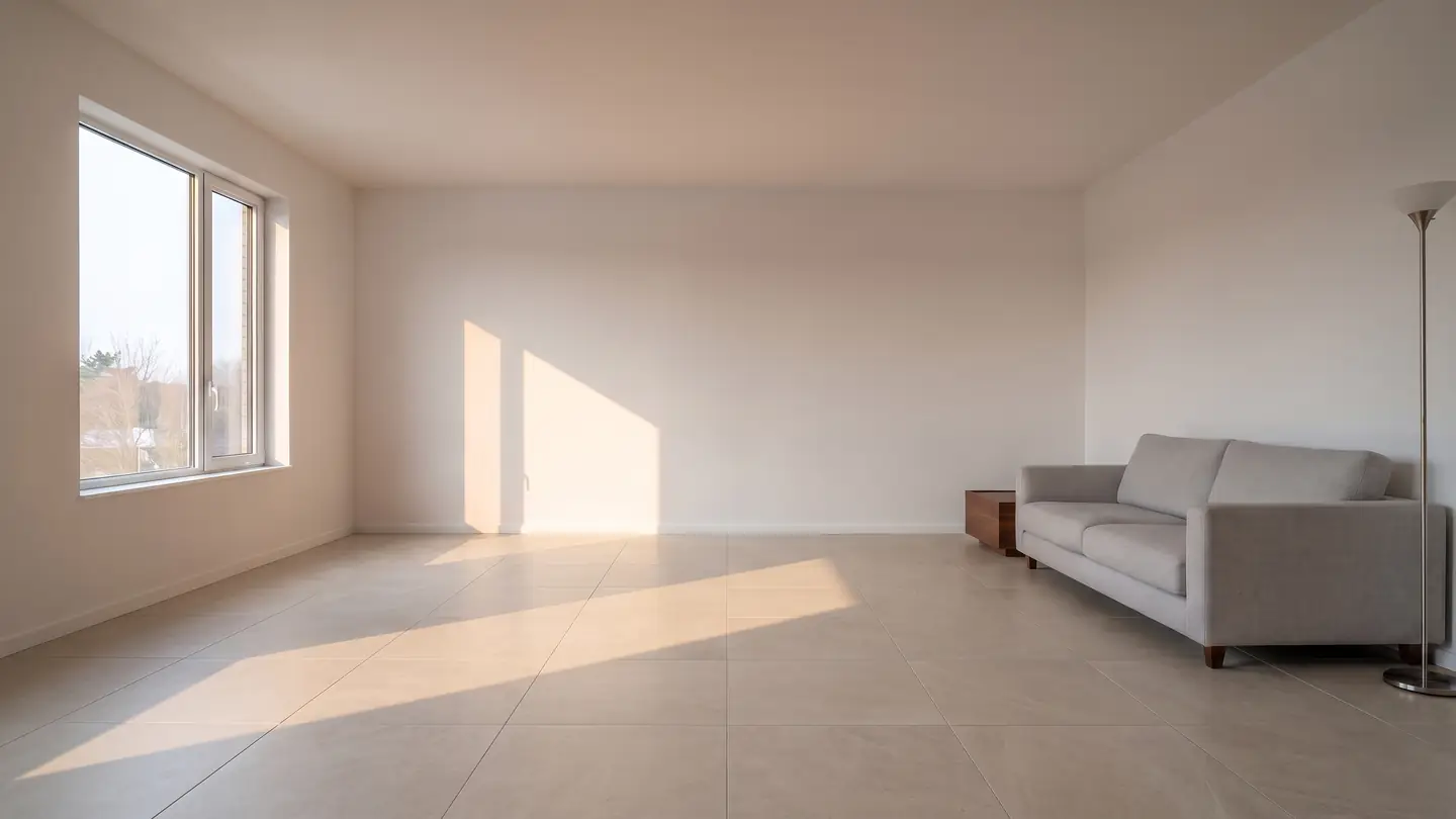 The same living room with a porcelain tile floor, photographed from the same position in the same afternoon light.