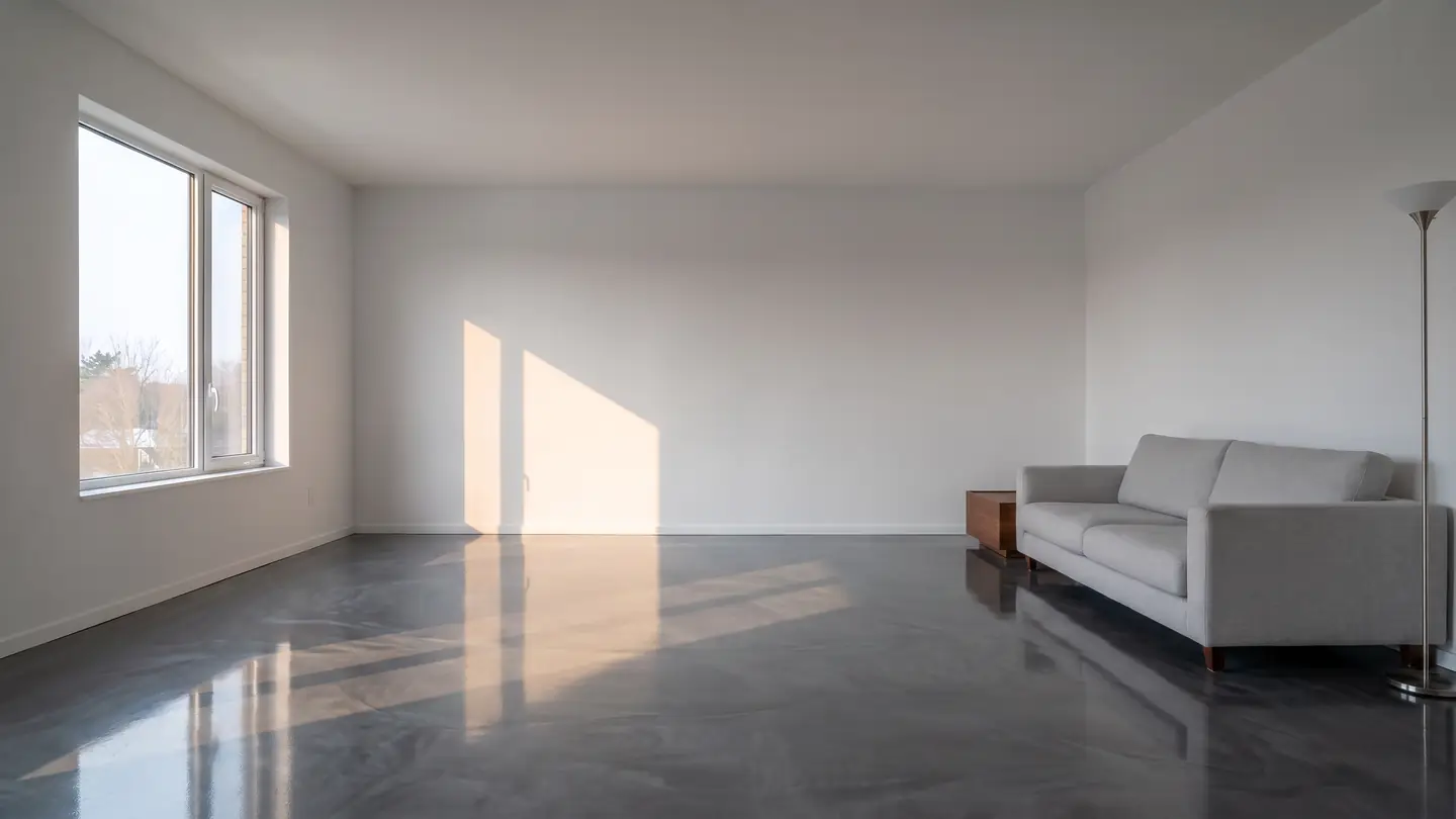 The same living room with a metallic epoxy floor, photographed from the same position in the same afternoon light.