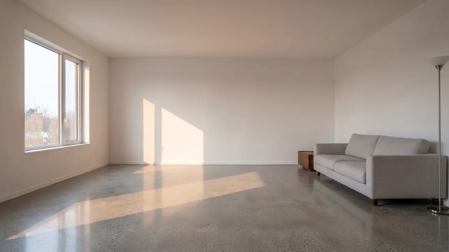 The same living room with a polished concrete floor, photographed from the same position in the same afternoon light.