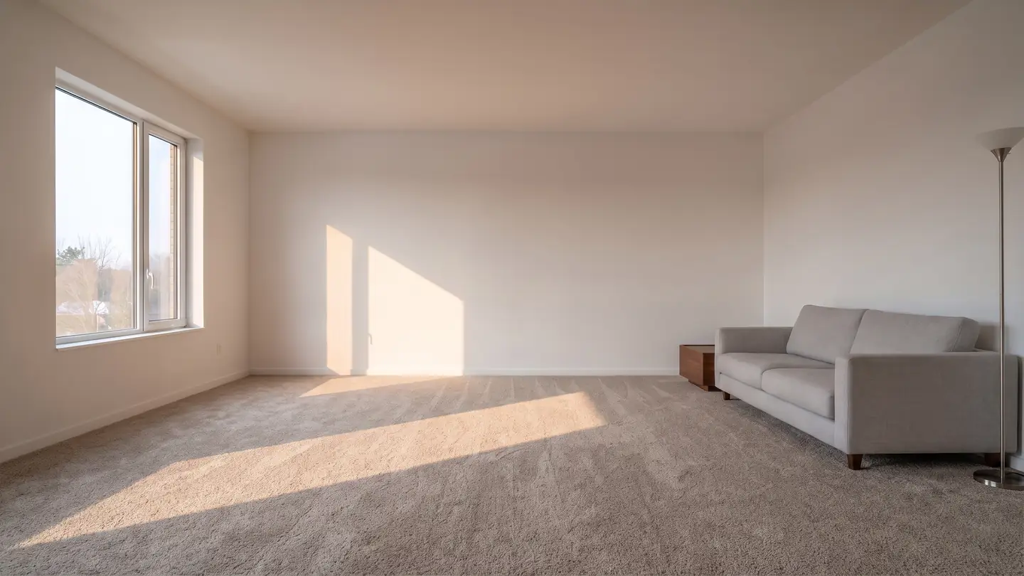 The same living room with a carpet floor, photographed from the same position in the same afternoon light.